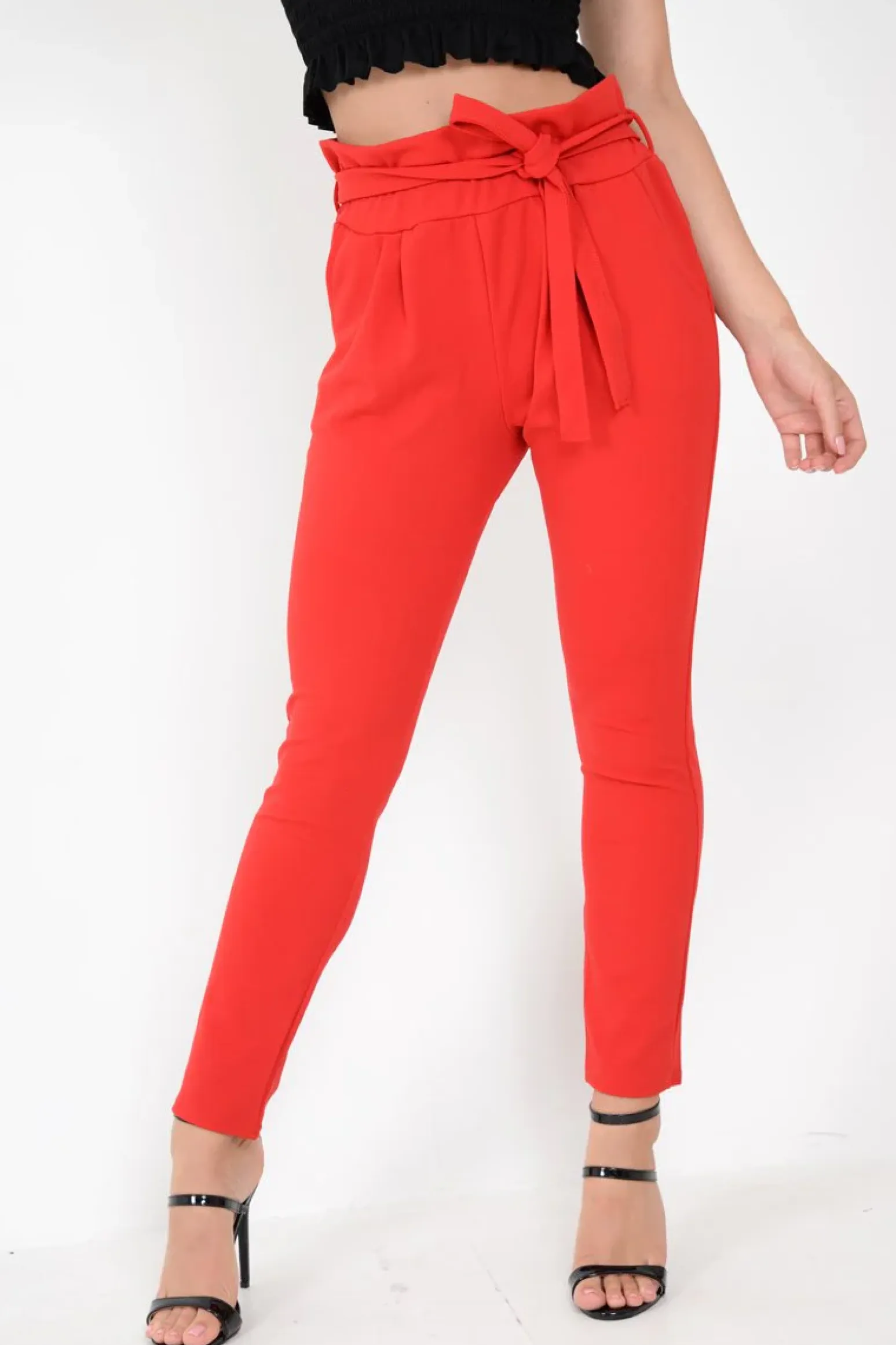 Rebellious Fashion Red Paper Bag Tie Waist Cigarette Trousers - Karmen