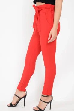 Rebellious Fashion Red Paper Bag Tie Waist Cigarette Trousers - Karmen