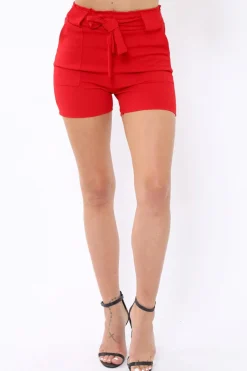 Rebellious Fashion Red Paperbag Tie Waist Shorts - Billie