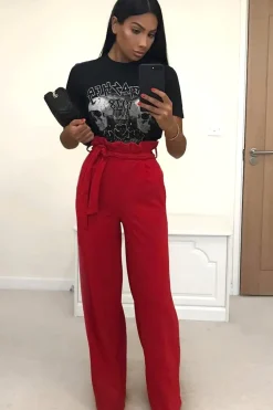 Rebellious Fashion Red Paper Bag Tie Waist Wide Leg Trousers - Kennedy