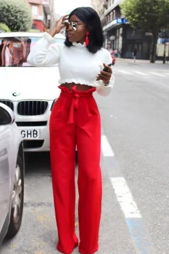 Rebellious Fashion Red Paper Bag Tie Waist Wide Leg Trousers - Kennedy