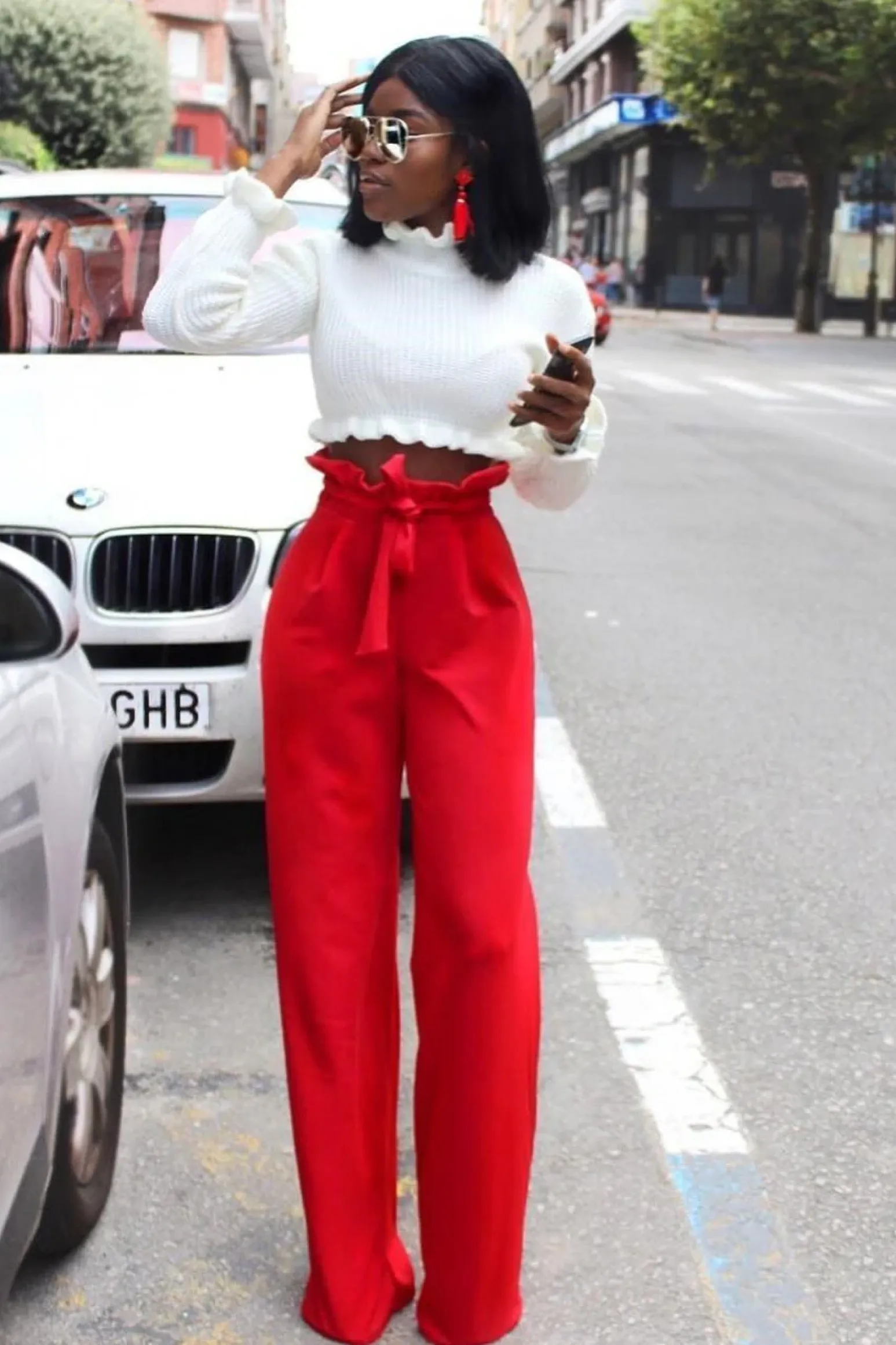 Rebellious Fashion Red Paper Bag Tie Waist Wide Leg Trousers - Kennedy