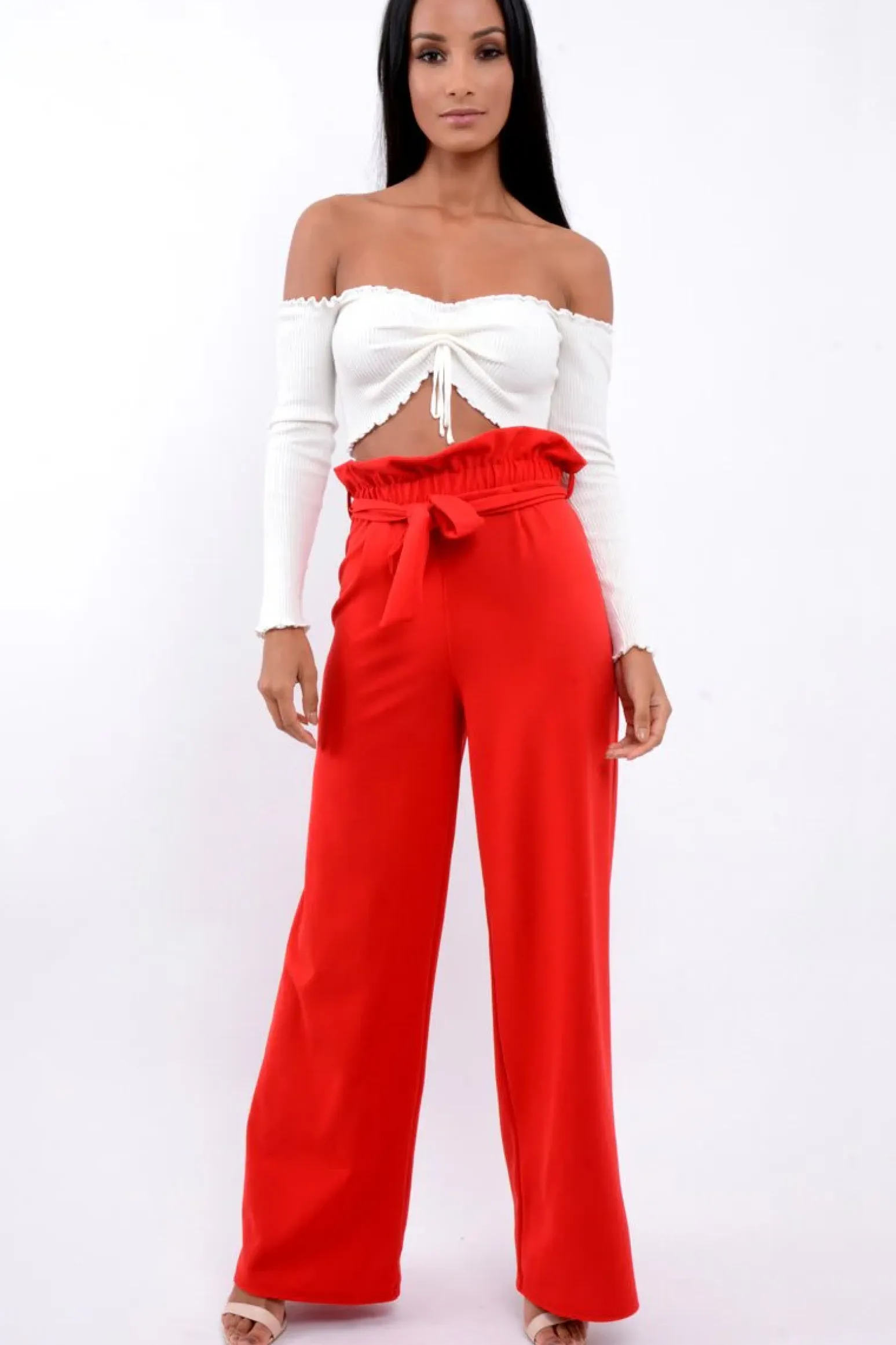 Rebellious Fashion Red Paper Bag Tie Waist Wide Leg Trousers - Kennedy
