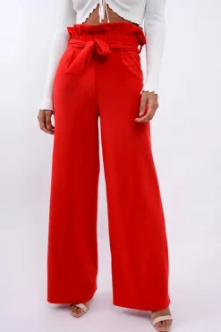 Rebellious Fashion Red Paper Bag Tie Waist Wide Leg Trousers - Kennedy