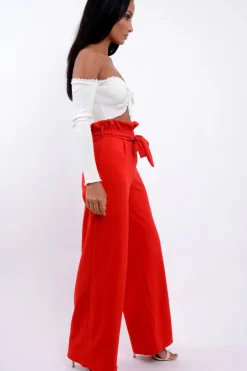 Rebellious Fashion Red Paper Bag Tie Waist Wide Leg Trousers - Kennedy