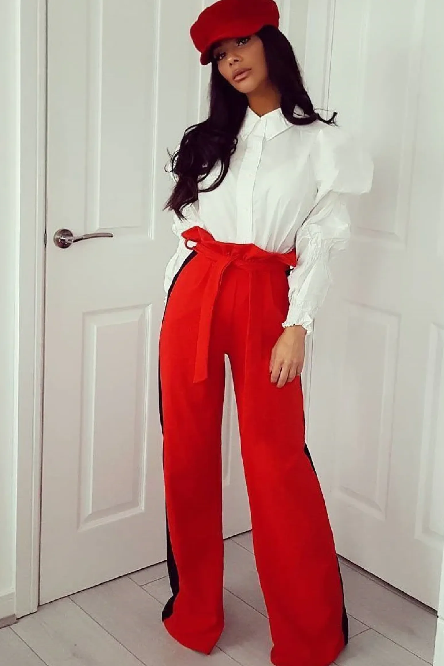 Rebellious Fashion Red Paper Bag Tie Waist Wide Leg Trousers With Black Stripe - Kennedy