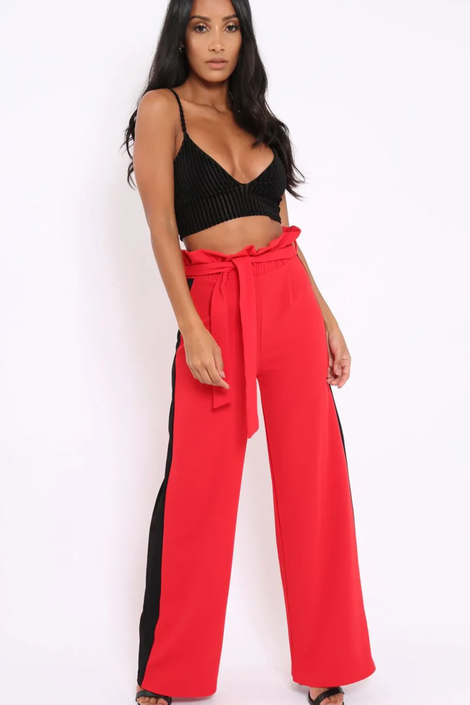 Rebellious Fashion Red Paper Bag Tie Waist Wide Leg Trousers With Black Stripe - Kennedy
