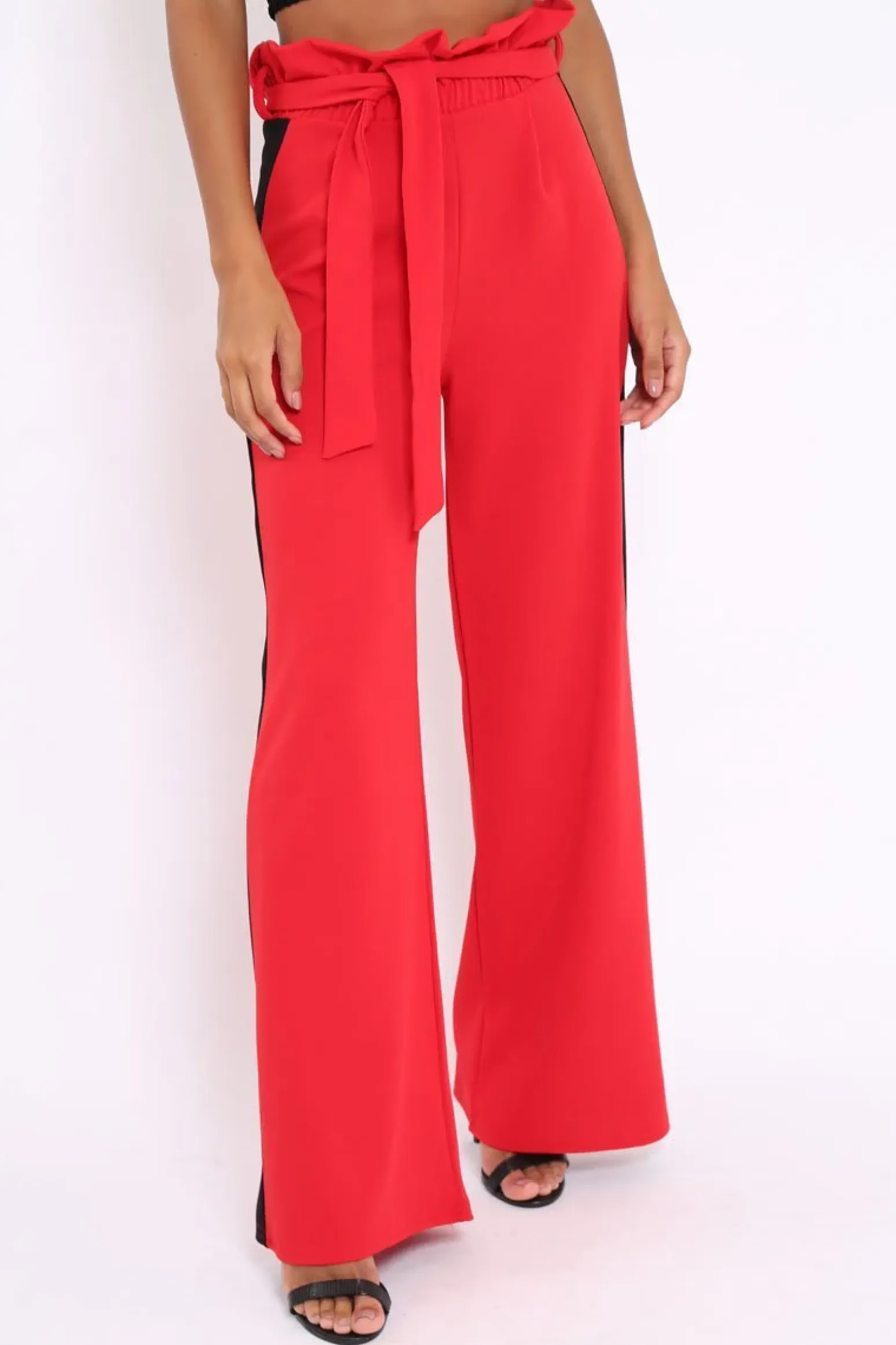 Rebellious Fashion Red Paper Bag Tie Waist Wide Leg Trousers With Black Stripe - Kennedy