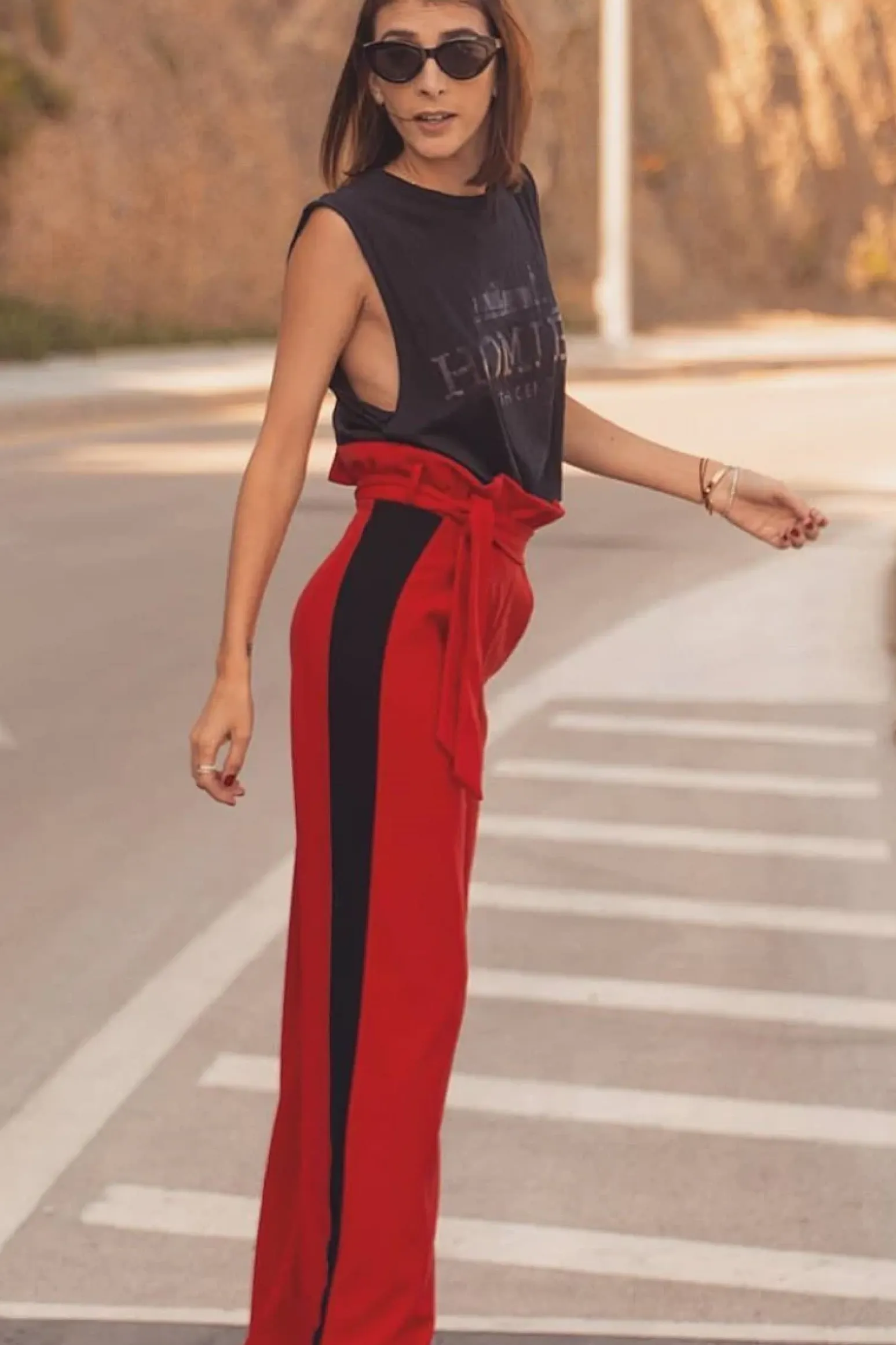 Rebellious Fashion Red Paper Bag Tie Waist Wide Leg Trousers With Black Stripe - Kennedy