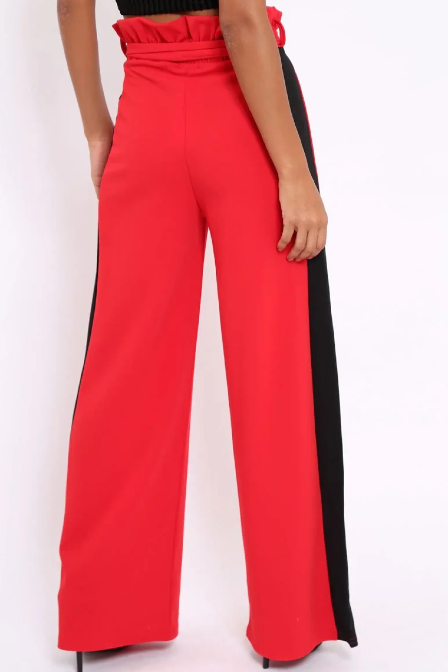 Rebellious Fashion Red Paper Bag Tie Waist Wide Leg Trousers With Black Stripe - Kennedy