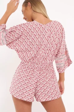 Rebellious Fashion Red Patterned Plunge Kimono Sleeve Playsuit -Nerissa