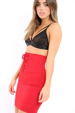 Rebellious Fashion Red Pinstripe Skirt Lace Up Skirt - Lela