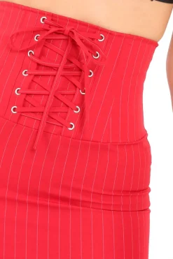 Rebellious Fashion Red Pinstripe Skirt Lace Up Skirt - Lela