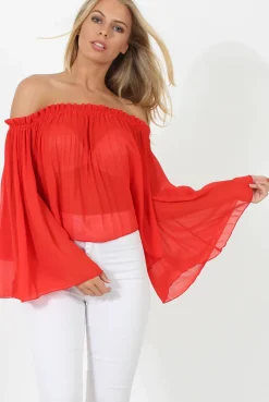 Rebellious Fashion Red Pleated Three Quarter Bell Sleeve Crop - Stacey