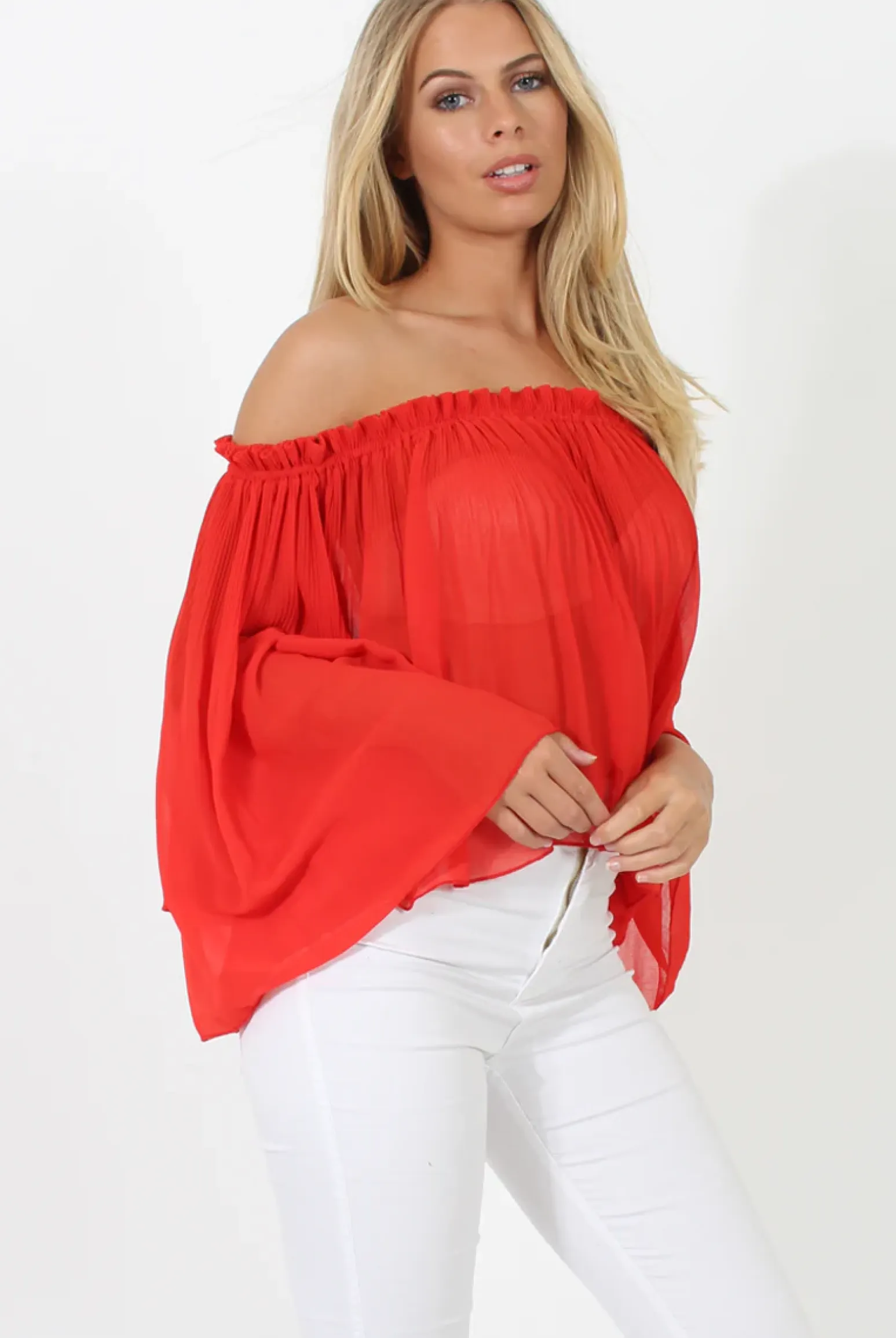 Rebellious Fashion Red Pleated Three Quarter Bell Sleeve Crop - Stacey
