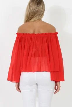 Rebellious Fashion Red Pleated Three Quarter Bell Sleeve Crop - Stacey