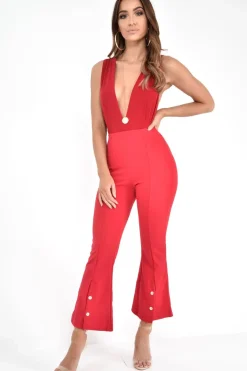 Rebellious Fashion Red Plunge Cross Back Bodysuit - Elenora