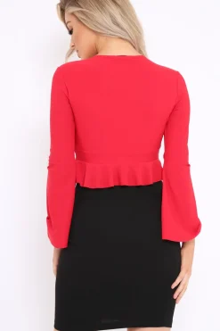 Rebellious Fashion Red Plunge Flare Sleeve Crop Top with Frill Hem - Masie