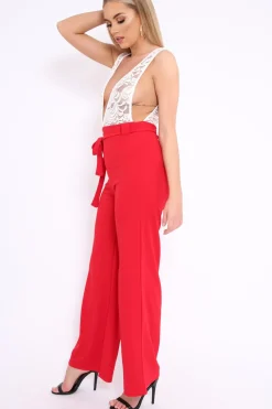Rebellious Fashion Red Plunge Front Lace Jumpsuit - Felice