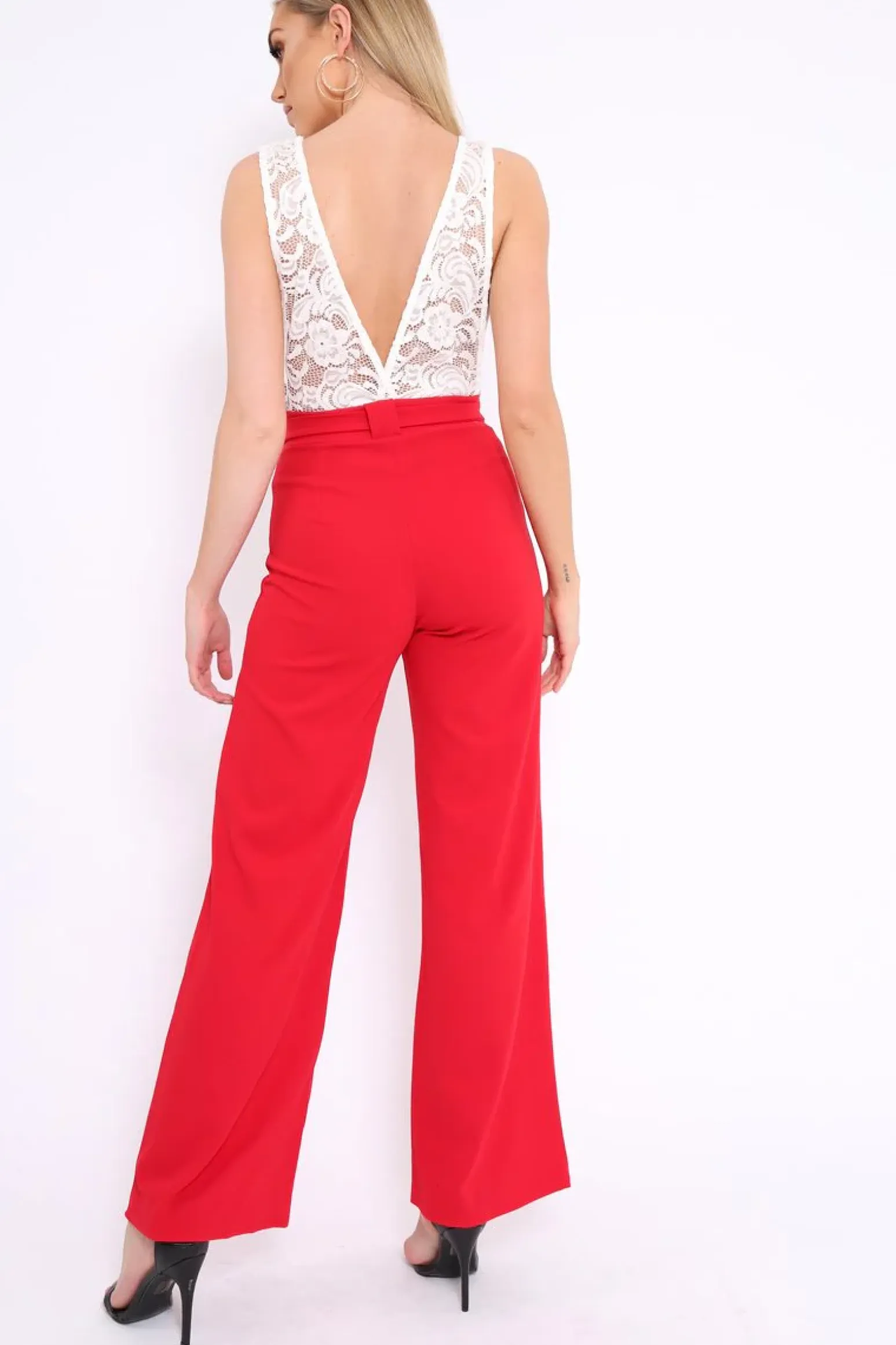 Rebellious Fashion Red Plunge Front Lace Jumpsuit - Felice