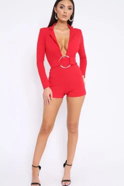 Rebellious Fashion Red Plunge Front Playsuit with Ring Belt Detail - Daylin