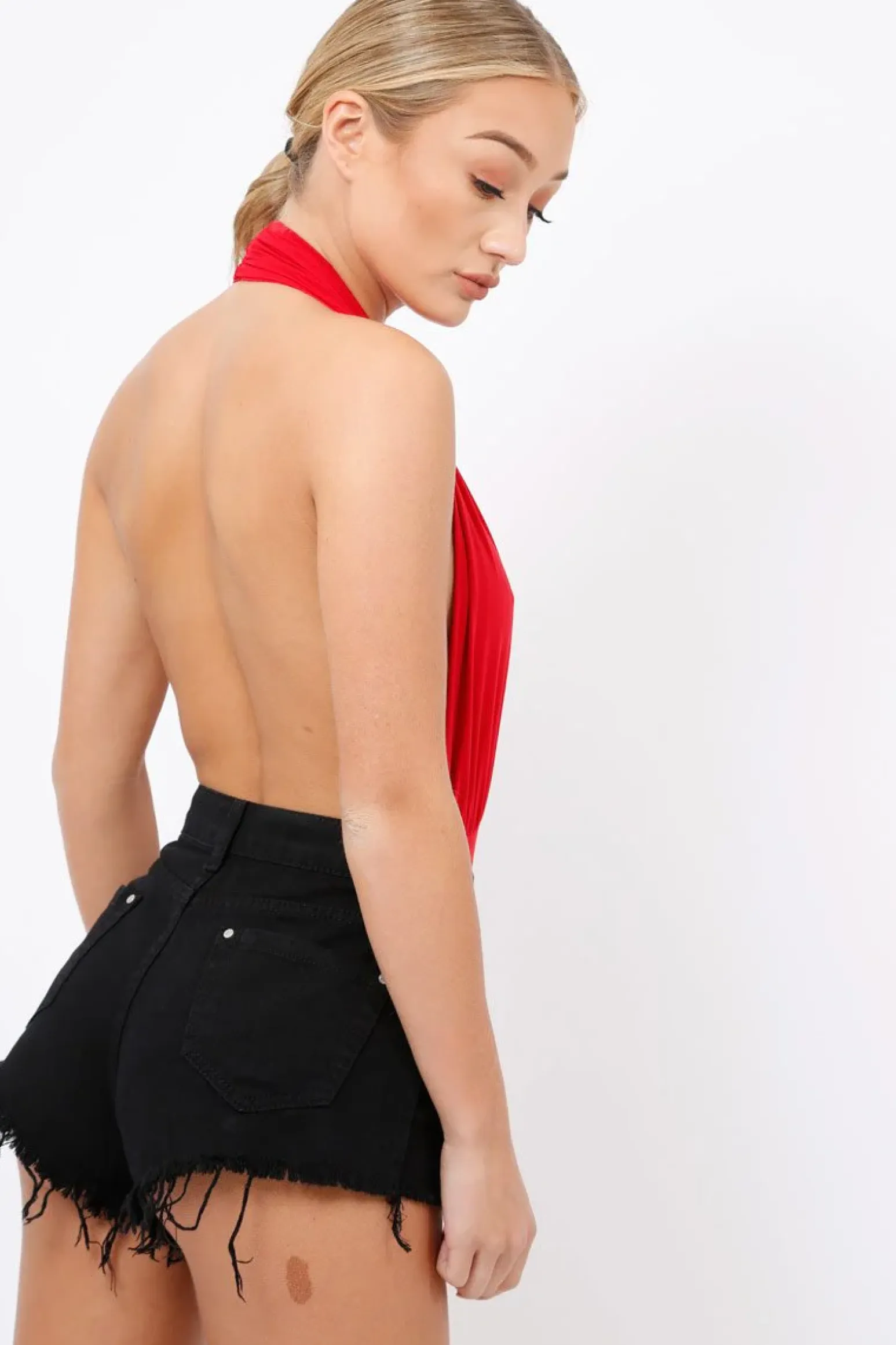 Rebellious Fashion Red plunge Halterneck Bodysuit - Lona