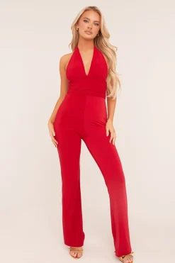 Rebellious Fashion Red Plunge Halter Neck Flared Jumpsuit - Brielle