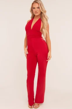 Rebellious Fashion Red Plunge Halter Neck Flared Jumpsuit - Brielle
