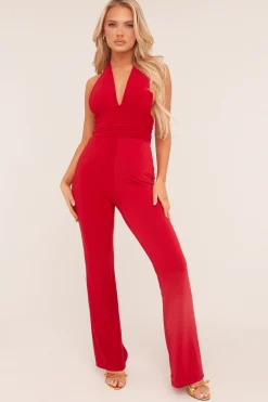 Rebellious Fashion Red Plunge Halter Neck Flared Jumpsuit - Brielle