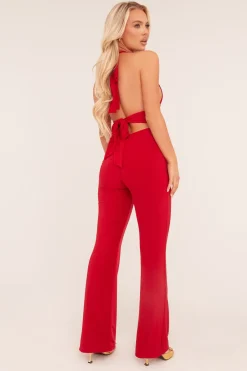 Rebellious Fashion Red Plunge Halter Neck Flared Jumpsuit - Brielle