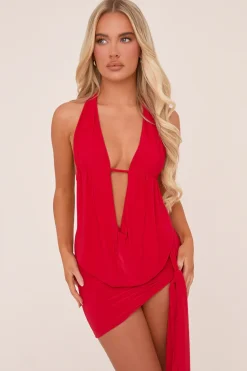 Rebellious Fashion Red Plunge Neck Cowl Detail Top & Mini Skirt Co-ord Set - Lama