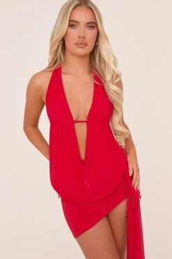 Rebellious Fashion Red Plunge Neck Cowl Detail Top & Mini Skirt Co-ord Set - Lama