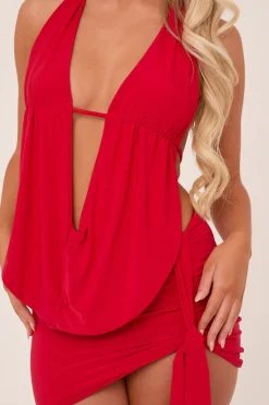 Rebellious Fashion Red Plunge Neck Cowl Detail Top & Mini Skirt Co-ord Set - Lama