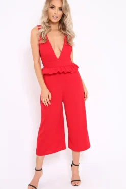 Rebellious Fashion Red Plunge Neck Frill Waist Culottes Jumpsuit - Camille