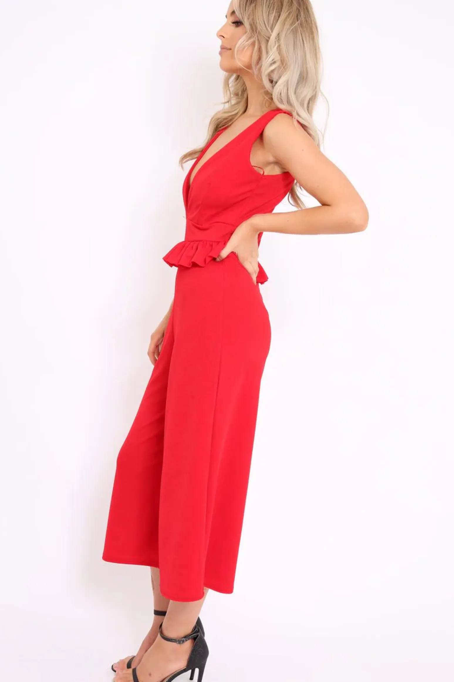 Rebellious Fashion Red Plunge Neck Frill Waist Culottes Jumpsuit - Camille