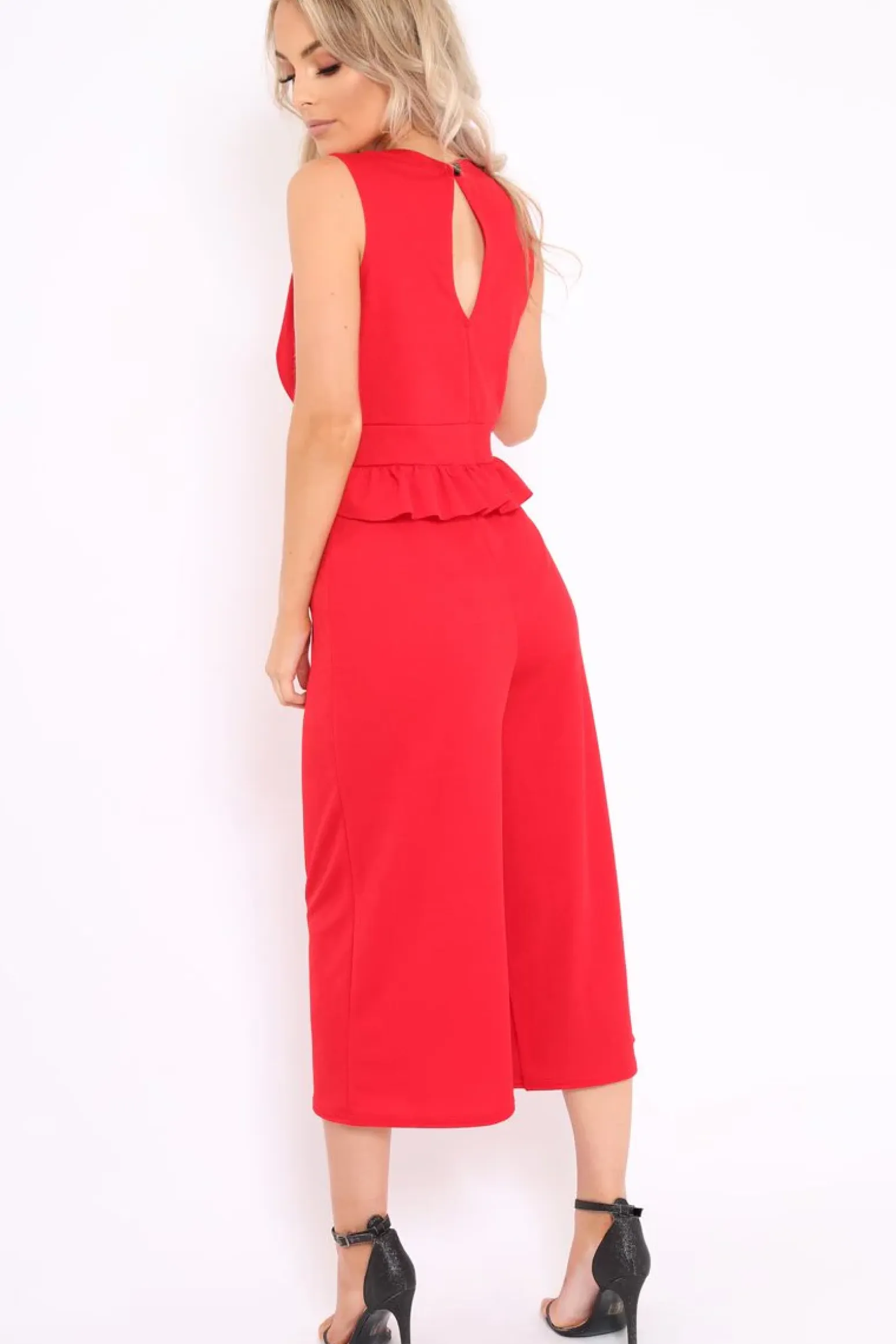 Rebellious Fashion Red Plunge Neck Frill Waist Culottes Jumpsuit - Camille