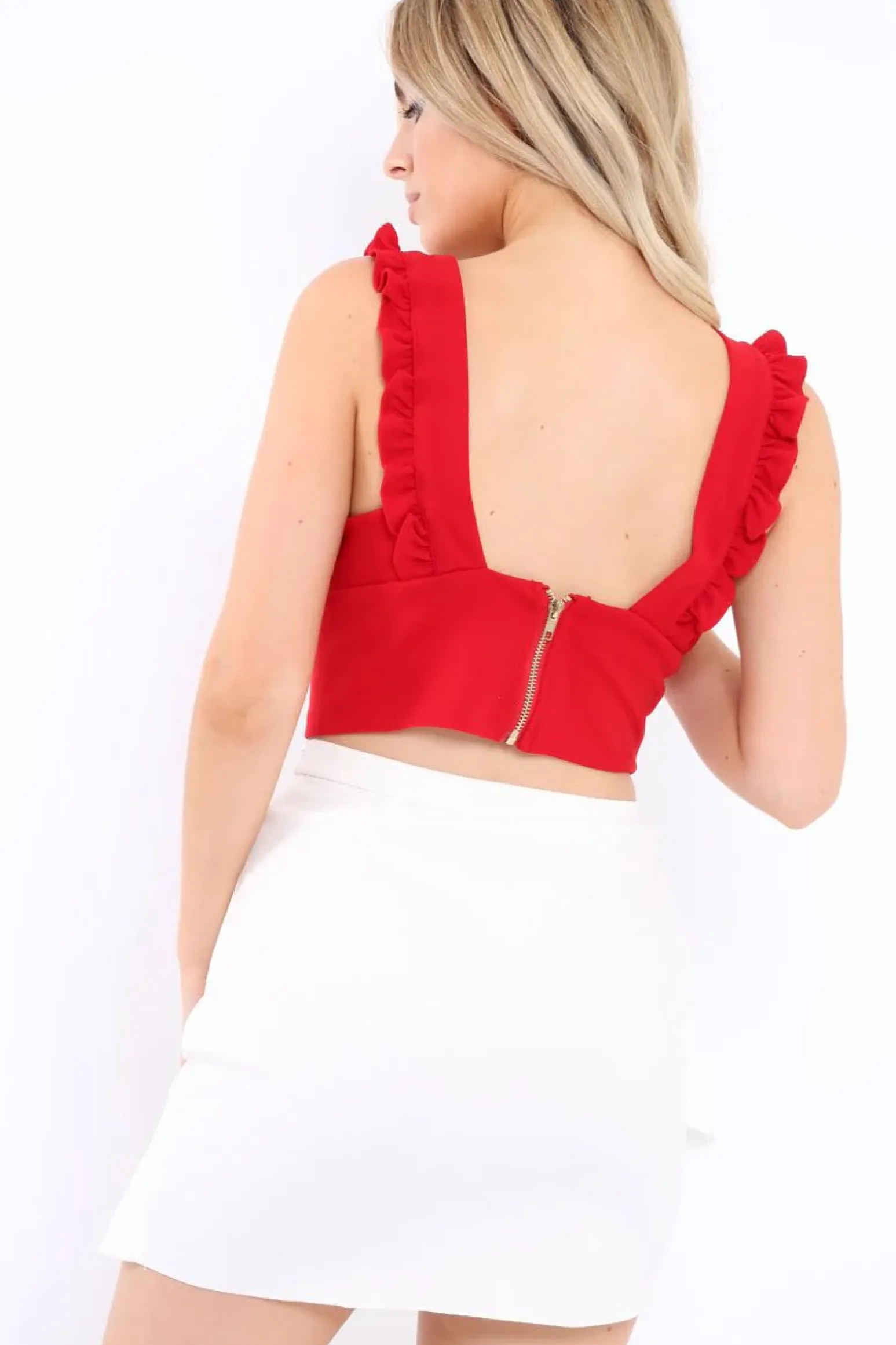 Rebellious Fashion Red Plunge Ruffle Crop Top - Donetella