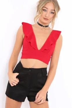 Rebellious Fashion Red Plunge Ruffle Crop Top With Cut Out Back - Nia