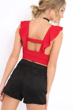 Rebellious Fashion Red Plunge Ruffle Crop Top With Cut Out Back - Nia