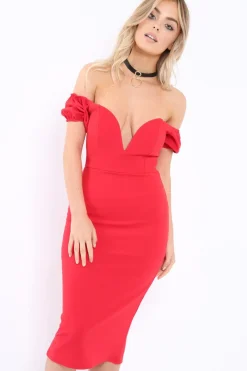 Rebellious Fashion Red Plunge V Bardot Midi Bodycon Dress - Nanda