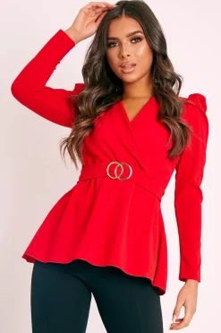 Rebellious Fashion Red Plunging Double Circle Belt Puff Shoulder Blouse - Catia