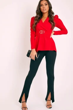 Rebellious Fashion Red Plunging Double Circle Belt Puff Shoulder Blouse - Catia