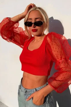 Rebellious Fashion Red Polka Dot Organza Sleeve Crop Top - Bianca