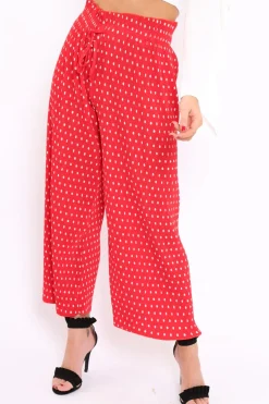 Rebellious Fashion Red Polka Dot Paper Bag Waist Wide Legged Pleated Trousers - Louise