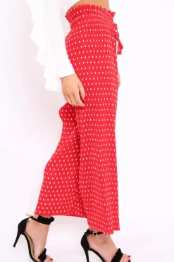 Rebellious Fashion Red Polka Dot Paper Bag Waist Wide Legged Pleated Trousers - Louise