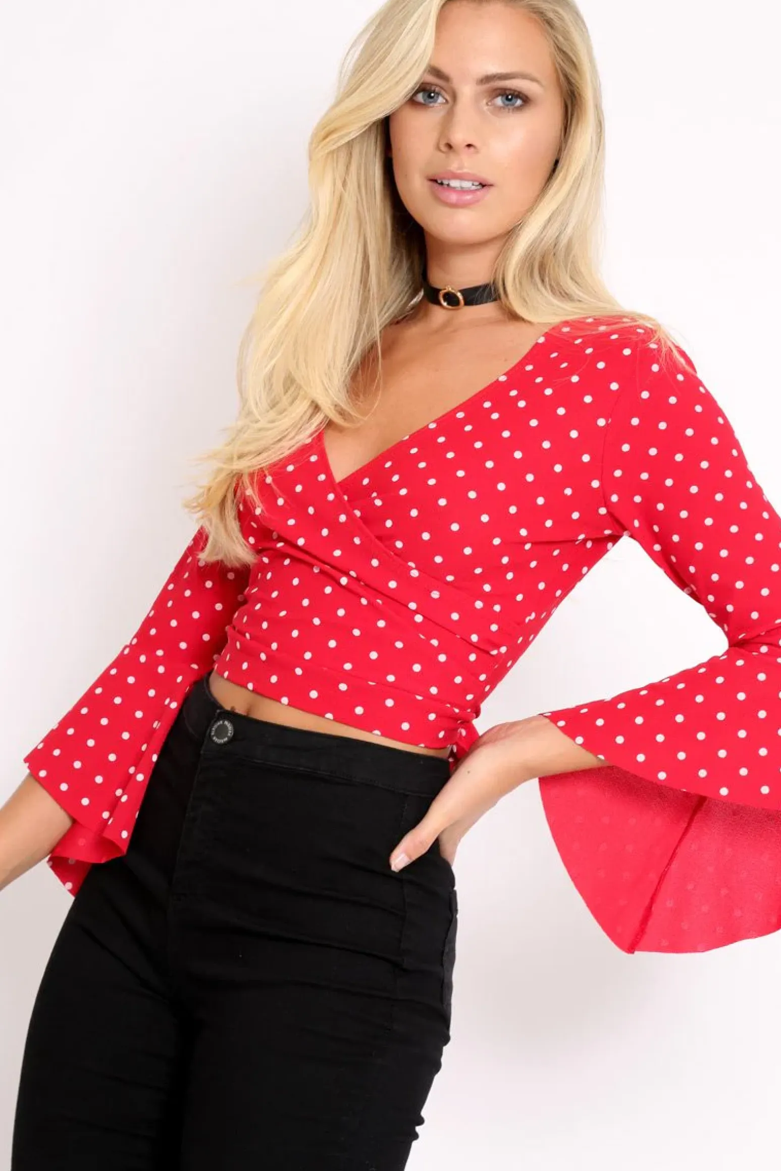 Rebellious Fashion Red Polka Dot Plunge Bell Sleeve Crop Top - Merla