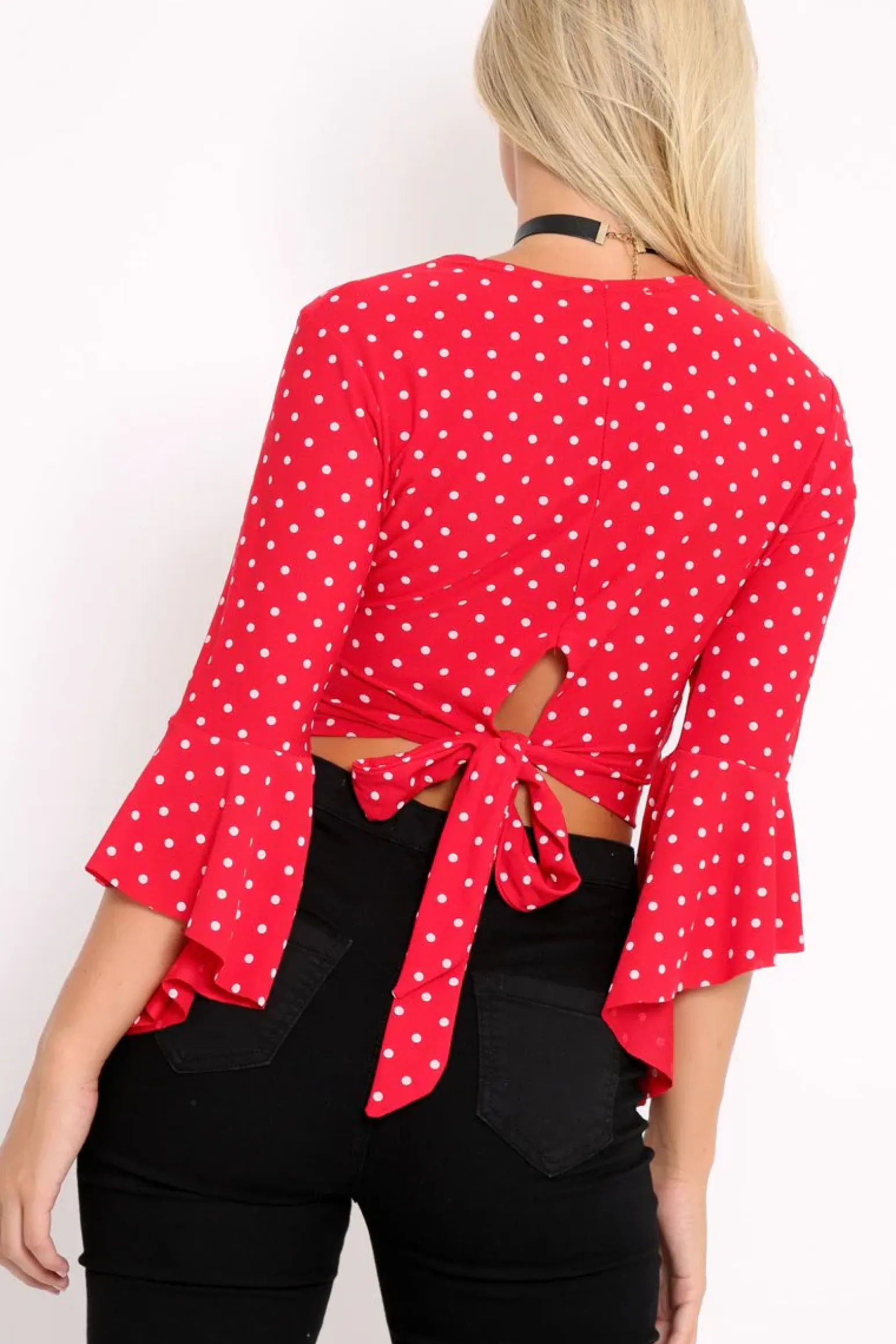 Rebellious Fashion Red Polka Dot Plunge Bell Sleeve Crop Top - Merla