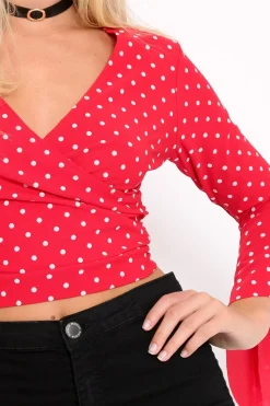 Rebellious Fashion Red Polka Dot Plunge Bell Sleeve Crop Top - Merla