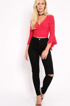 Rebellious Fashion Red Polka Dot Plunge Bell Sleeve Crop Top - Merla