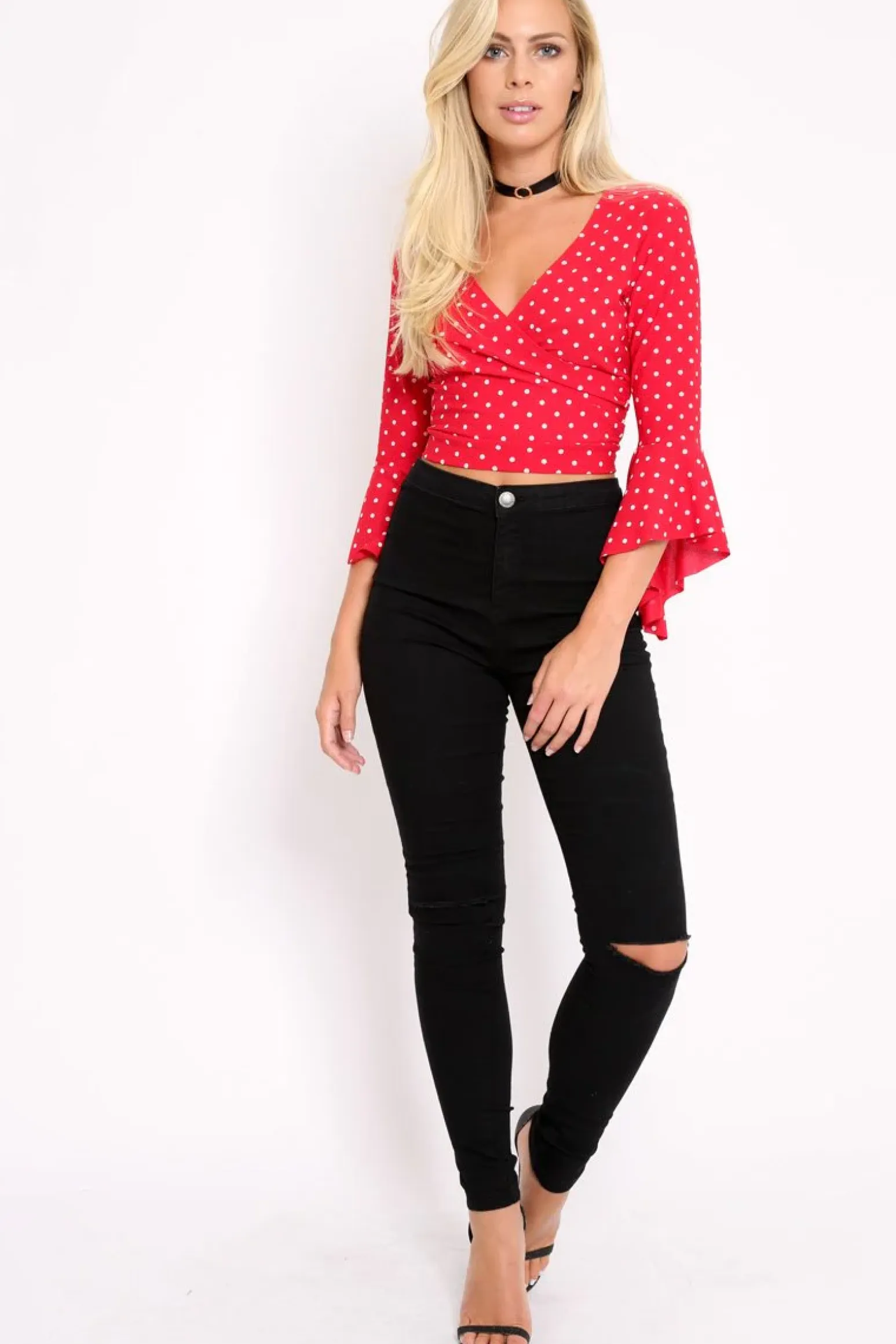 Rebellious Fashion Red Polka Dot Plunge Bell Sleeve Crop Top - Merla